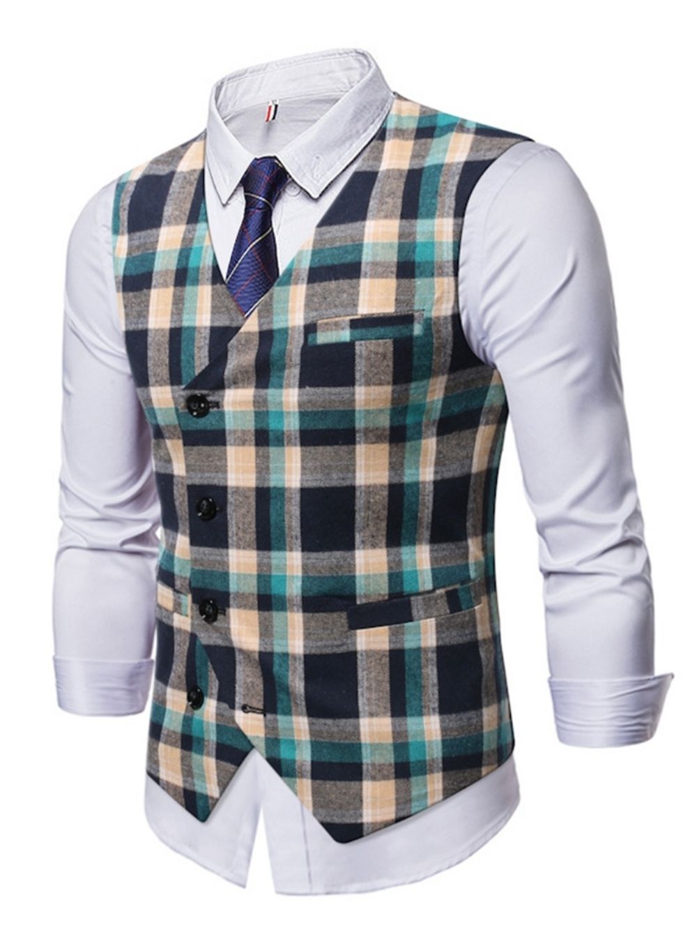 Geruite V-Hals Single-Breasted Ol-Gilet Met Knopen