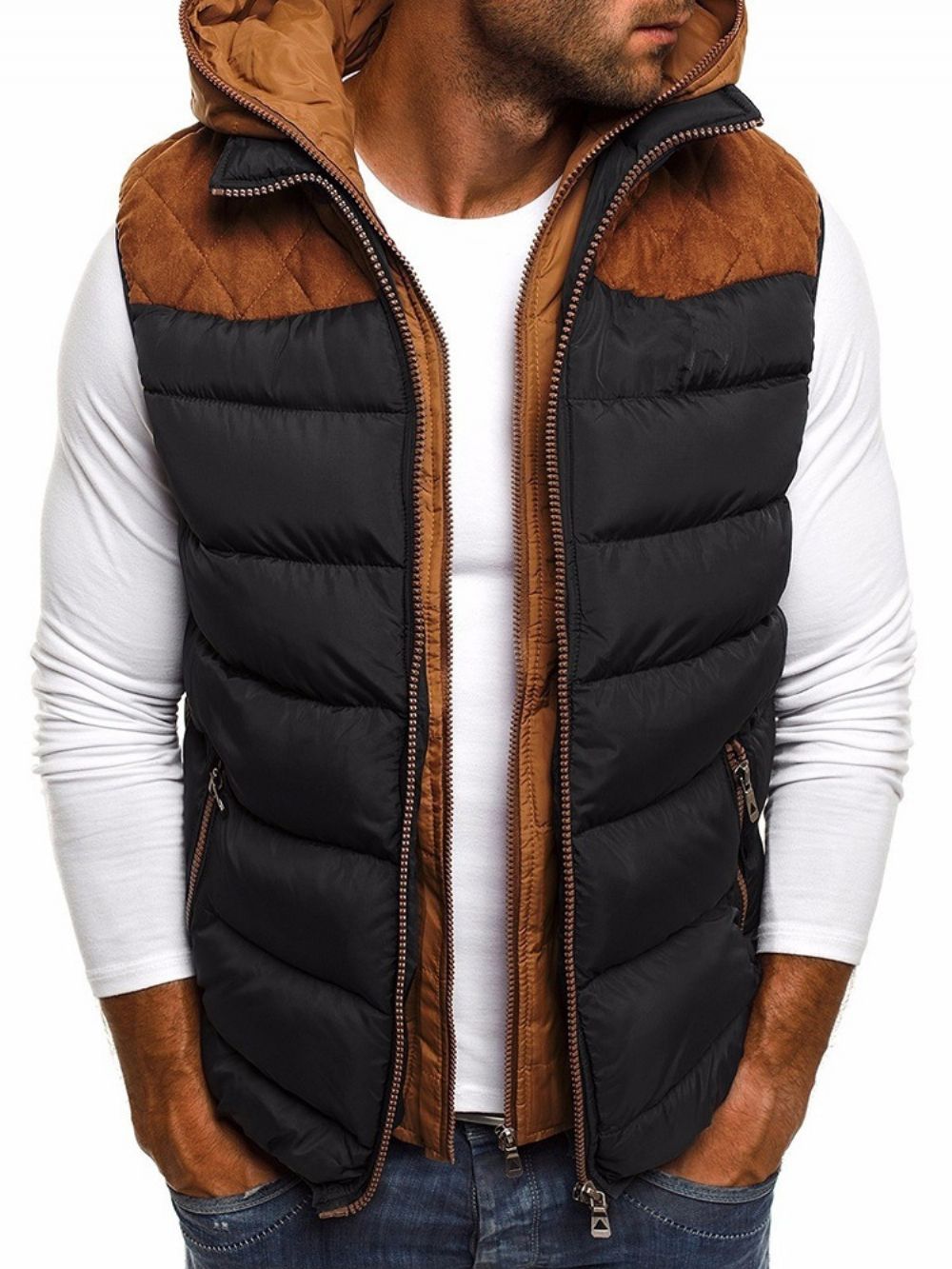 Patchwork Kleurblok Dubbellaags Casual Gilet Met Rits