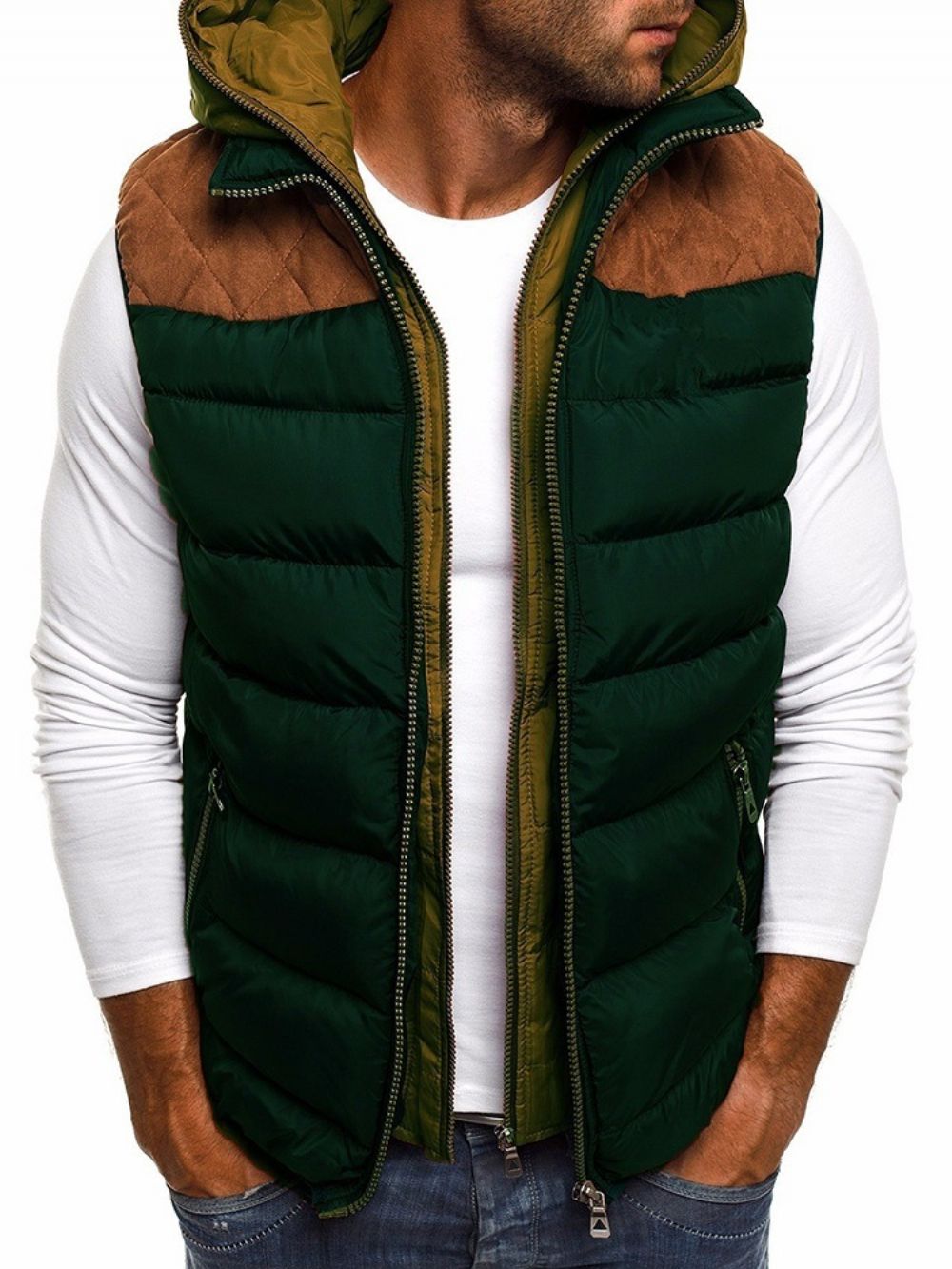 Patchwork Kleurblok Dubbellaags Casual Gilet Met Rits