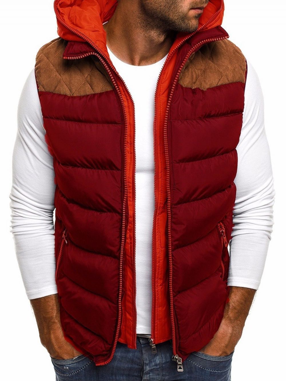 Patchwork Kleurblok Dubbellaags Casual Gilet Met Rits