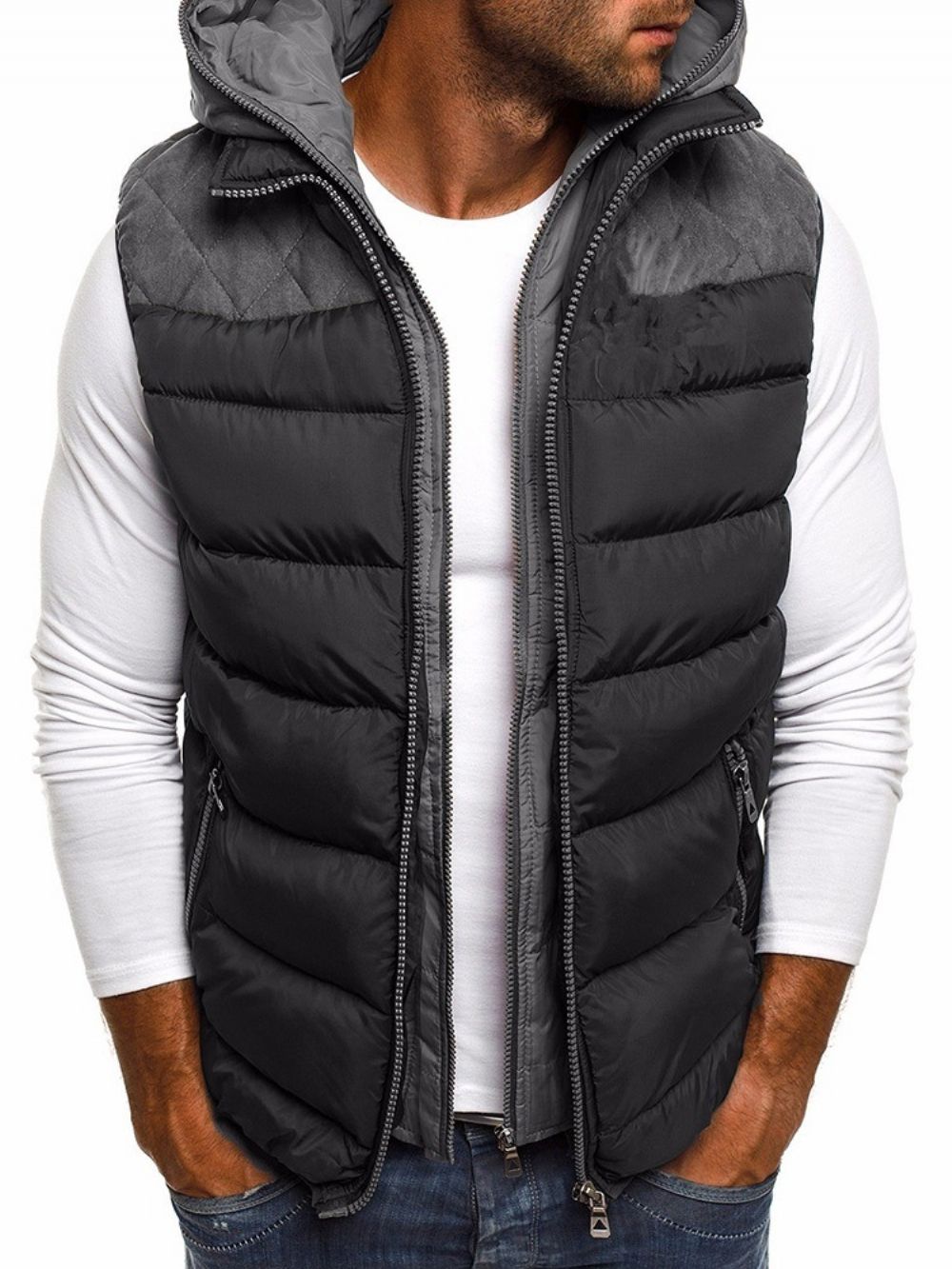 Patchwork Kleurblok Dubbellaags Casual Gilet Met Rits