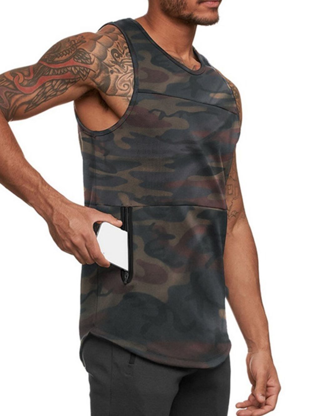 Slank Camouflage-Sportvest Heren Met Ronde Hals