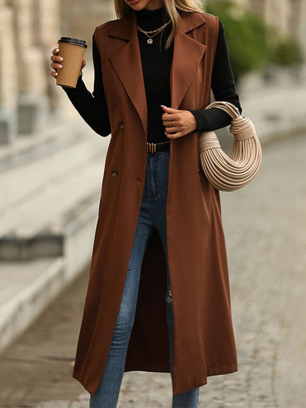 Western-Herfst-Trenchcoat Met Ingekeepte Reversknoop En Dubbele Rij Knopen