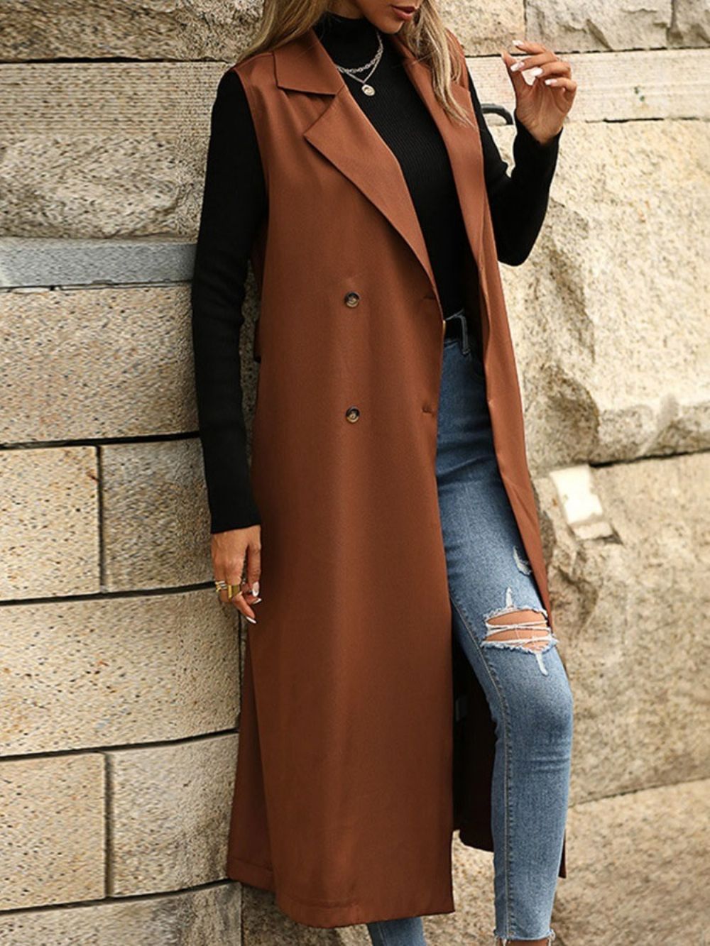 Western-Herfst-Trenchcoat Met Ingekeepte Reversknoop En Dubbele Rij Knopen