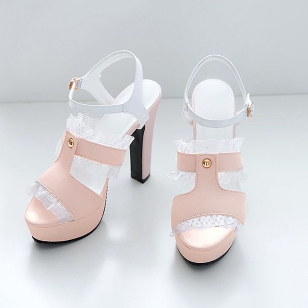 Gesp Peep Toe Chunky Heel Hollow Sandalen