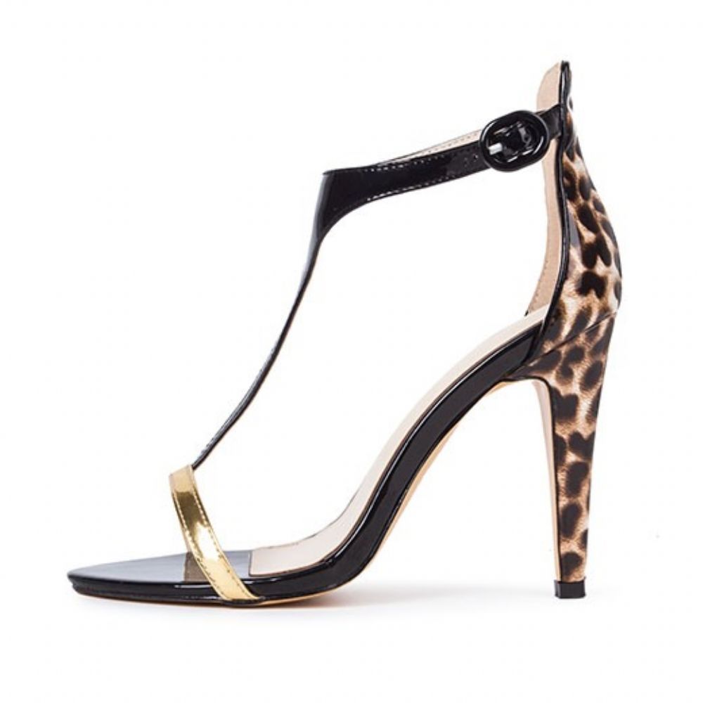 Pu Luipaardprint T-Bandjes Open Teen Stiletto'S Sandalen