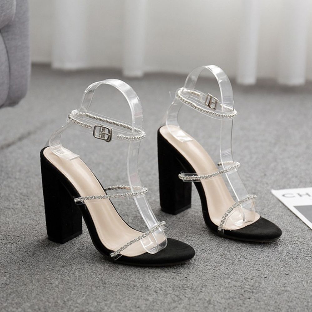 T-Vormige Gesp Ronde Neus Stevige Hak Strass Sandalen