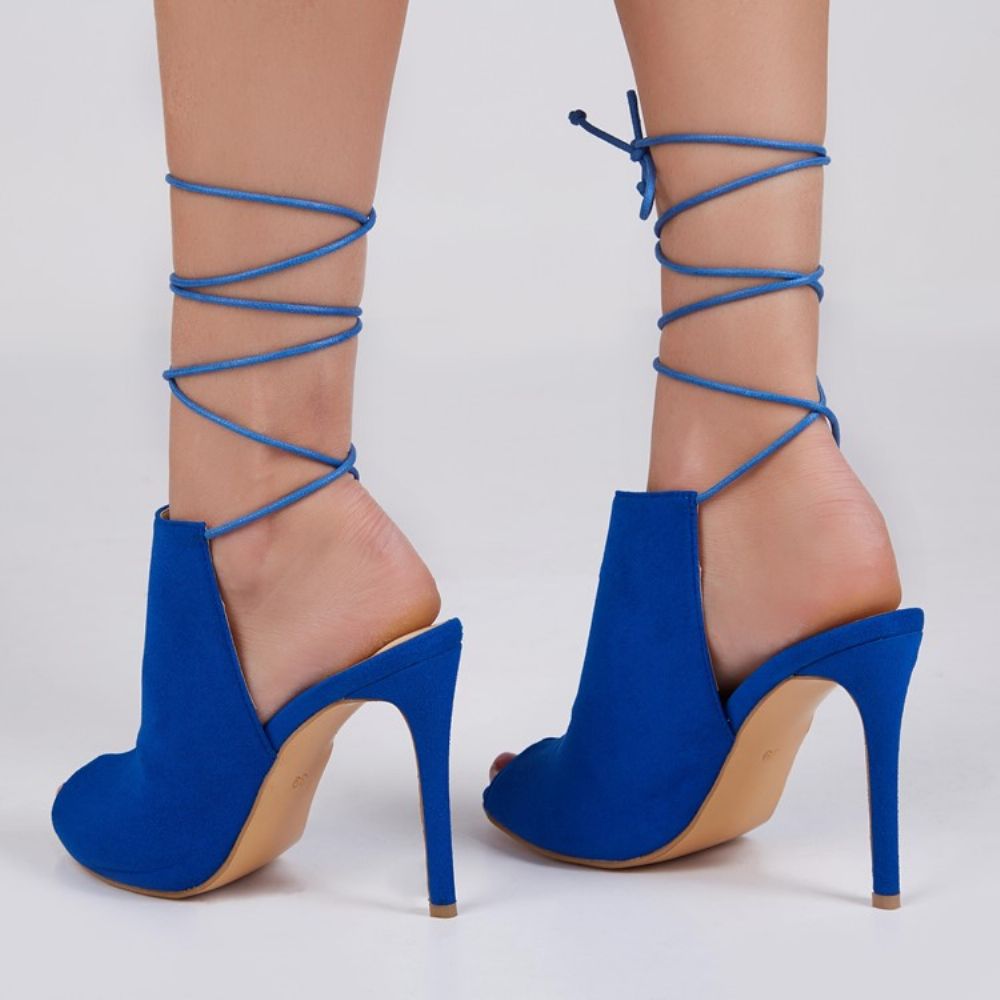 Trendy Blauwe Peeptoe Sandalen Met Veters