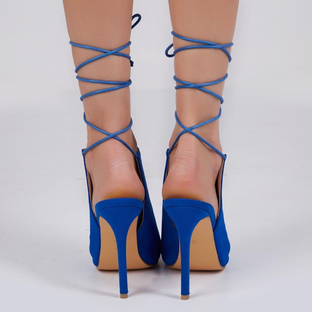 Trendy Blauwe Peeptoe Sandalen Met Veters