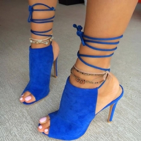 Trendy Blauwe Peeptoe Sandalen Met Veters